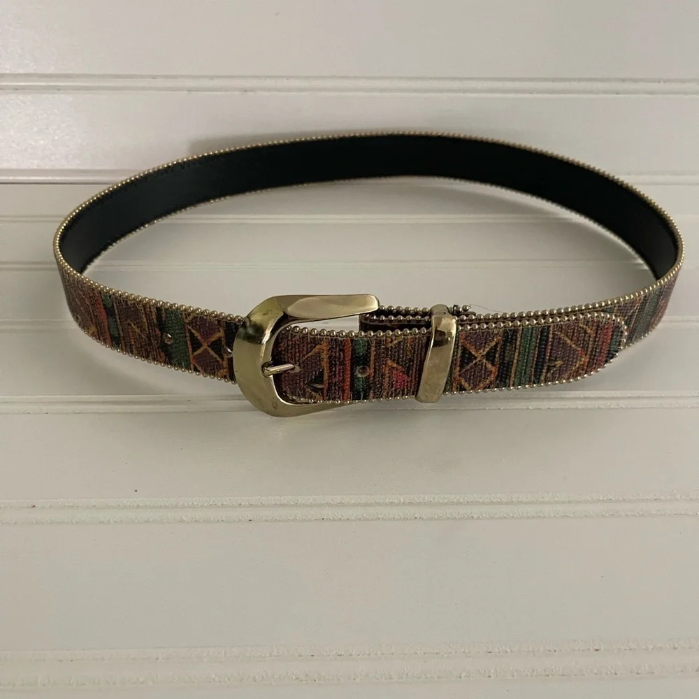 Unbranded Vintage Tribal Multi Color Beaded Belt Gold-Tone Buckle Size 33”